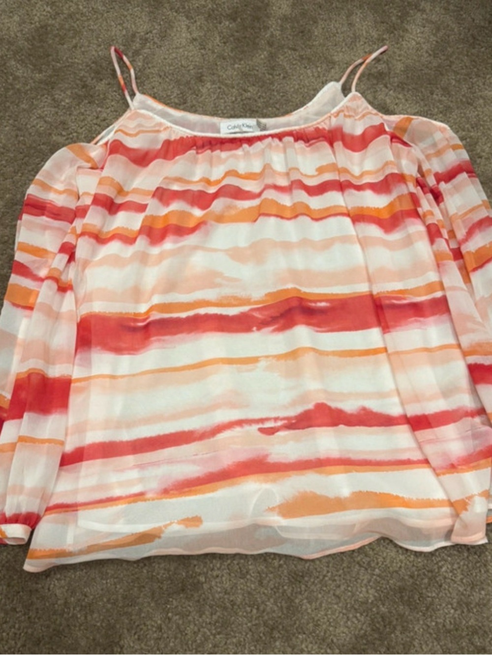 Calvin Klein Cold-Shoulder Striped Blouse in Coral, Peach and White